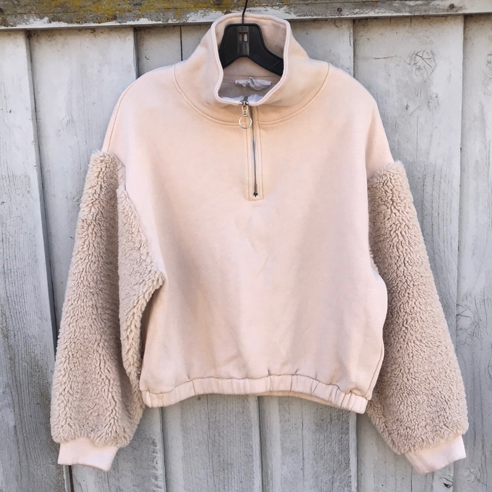 ba&sh Cream Sherpa-Sleeve Half-Zip Pullover Jacket - size 1